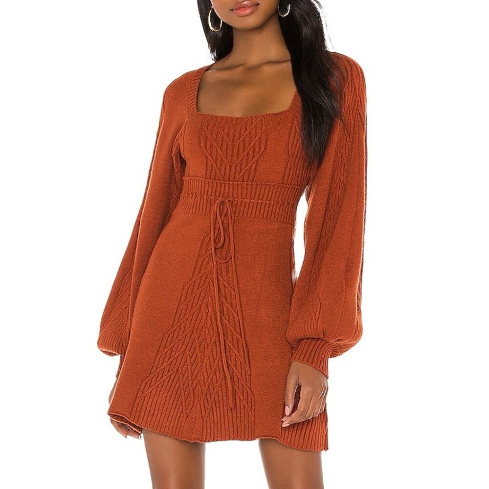 Free People Burnt Orange Square Neck Cable Knit Emmaline Mini Sweater Dress